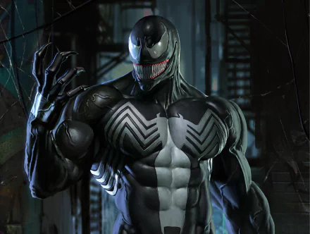HD PC desktop wallpaper featuring Venom from the comic series, showcasing his muscular form and menacing grin in a dark, industrial setting.