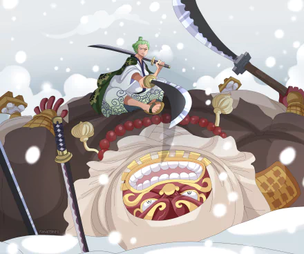 2K Quad HD PC wallpaper/background: Roronoa Zoro and Gyukimaru (One Piece) — Zoro perched with swords over a roaring Gyukimaru in an anime One Piece snowy battle scene.