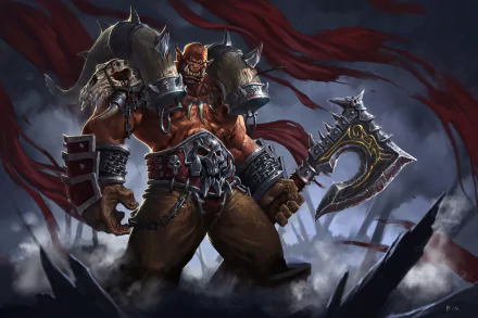 HD PC wallpaper: Grom Hellscream, orc warrior from World of Warcraft, bearing a massive battle axe and spiked armor amid swirling smoke and tattered red banners.