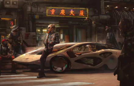 HD wallpaper featuring a futuristic car from the video game Cyberpunk 2077, set against a neon-lit street scene with characters in cybernetic attire.