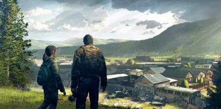 Ellie and Joel from The Last of Us stand overlooking a rustic town in this detailed 4K Ultra HD PC desktop wallpaper from the video game The Last Of Us.