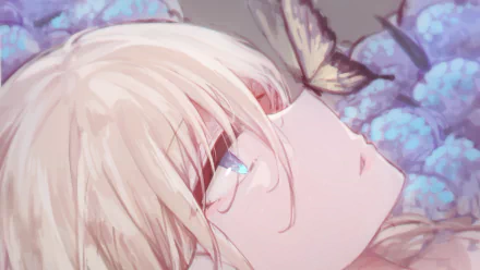 HD anime desktop wallpaper featuring an original character with blue eyes gazing at a butterfly amidst soft purple flowers.