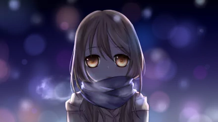Anime girl with brown hair and eyes, wrapped in a scarf, set against a softly blurred night background. A high-definition desktop wallpaper.