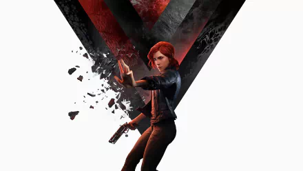 HD PC desktop wallpaper: Control video game protagonist Jesse Faden using telekinesis with a handgun, debris flying against a red-black V emblem on a white background.