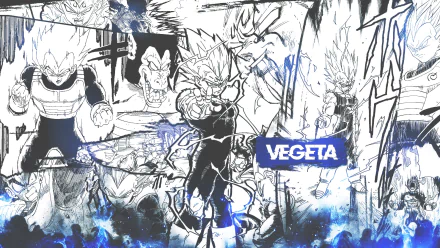 HD PC desktop wallpaper featuring Vegeta from Dragon Ball Z in dynamic black-and-white anime style with blue electric accents.