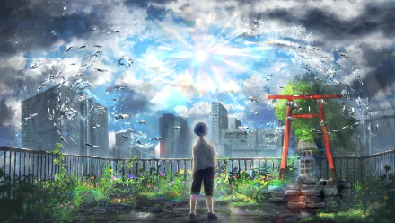 HD anime wallpaper featuring Hodaka Morishima from Weathering with You standing in a lush, sunlit garden with flying fish above and a traditional torii gate.