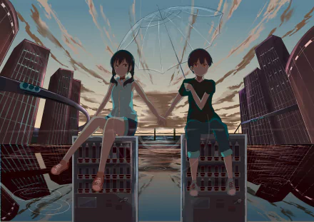 4K Ultra HD anime wallpaper featuring Hodaka Morishima and Hina Amano from Weathering with You, seated on a rooftop with an umbrella against a dramatic sky backdrop.