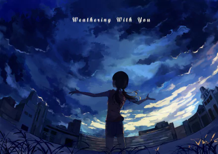 HD anime desktop wallpaper featuring Hina Amano from Weathering with You, silhouetted against a dramatic evening sky with swirling clouds and vibrant lighting.