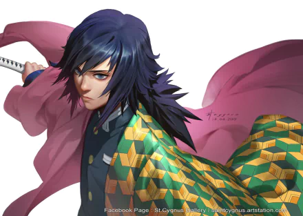 HD PC desktop wallpaper of Giyuu Tomioka (Anime, Demon Slayer: Kimetsu no Yaiba) — stern portrait with dark hair, green patterned haori, flowing cloak and katana on a white background.