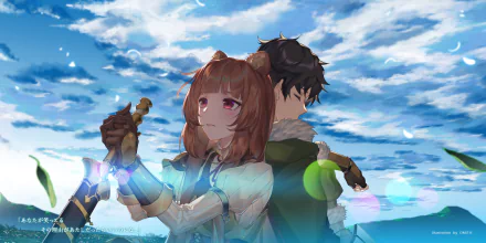 HD anime wallpaper featuring Naofumi Iwatani and Raphtalia from The Rising of the Shield Hero, standing back-to-back under a bright, cloudy sky.