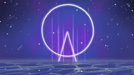 HD PC desktop wallpaper featuring a glowing circular emblem with a W shape in a starry purple-blue sky, inspired by the anime Plastic Memories.
