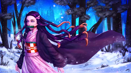 Nezuko Kamado from Demon Slayer in a snowy anime forest, wearing a flowing kimono with vibrant colors in this HD PC desktop wallpaper and background.
