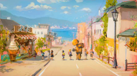 A vibrant HD PC desktop wallpaper depicting a child interacting with a robot on a sunlit sci-fi town street by the seaside.