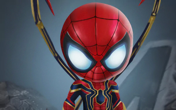 Chibi Iron Spider-Man comic-style 4K Ultra HD desktop wallpaper showing a cute armored Spider-Man with glowing eyes and golden mechanical spider legs.