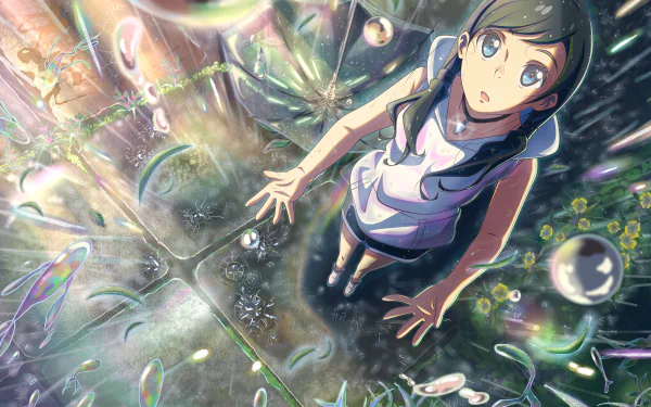 4K Ultra HD PC desktop wallpaper: Hina Amano from Weathering with You — anime girl on rain-slick tiles, gazing upward amid refracted light and shimmering water droplets.