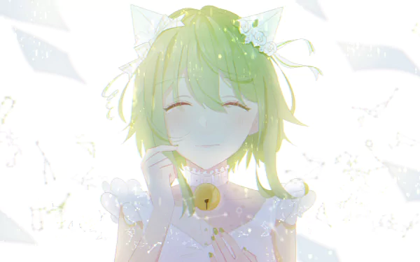 4K Ultra HD anime wallpaper featuring GUMI from Vocaloid, smiling softly with cat ears and a bell necklace, surrounded by a bright, ethereal light background.