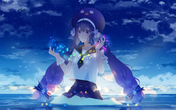 Otomachi Una from Vocaloid in an anime-style 4K Ultra HD desktop wallpaper, surrounded by glowing magical lights against a serene night sky and ocean backdrop.