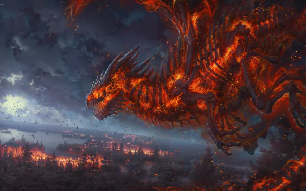 HD desktop wallpaper portraying a fiery dragon soaring over a burning landscape under a dark, night sky, evoking a fantasy theme.