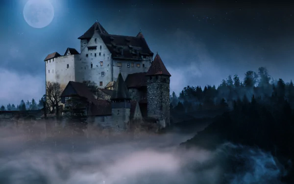 A man-made castle emerges through dense fog under a full moon at night, captured in stunning 4K Ultra HD for a dramatic PC desktop wallpaper.