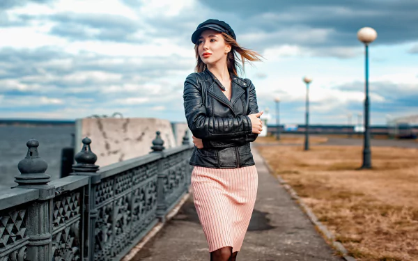leather jacket hat brunette depth of field woman model HD Desktop Wallpaper | Background Image