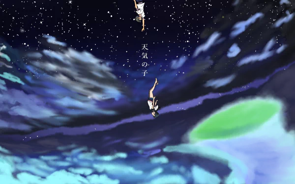 HD anime desktop wallpaper featuring Hina Amano and Hodaka Morishima floating amidst clouds and stars from Weathering with You.