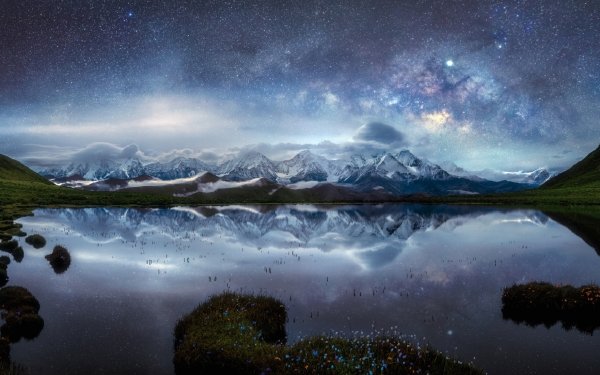 Earth Reflection Sky Stars Mountain Night Lake Nature Starry Sky HD Wallpaper | Background Image
