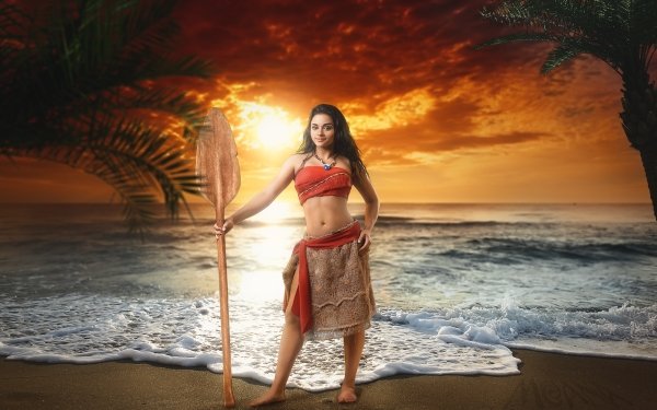 Women Cosplay Sea Sunset Model Black Hair Moana Waialiki HD Wallpaper | Background Image