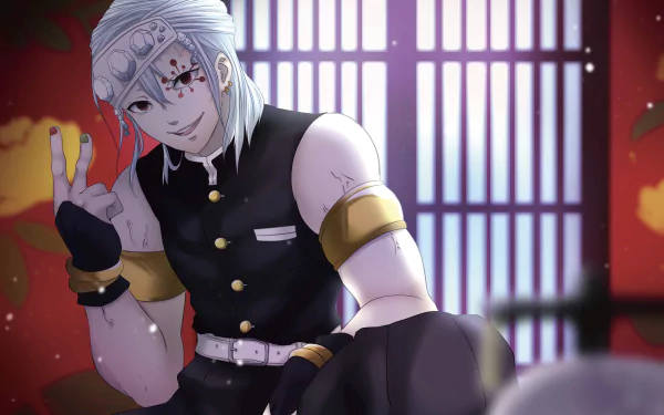 2K Quad HD PC desktop wallpaper of Demon Slayer: Kimetsu no Yaiba's Tengen Uzui reclining in a lit shoji room, jeweled headband, bold makeup and muscular, ornate attire.