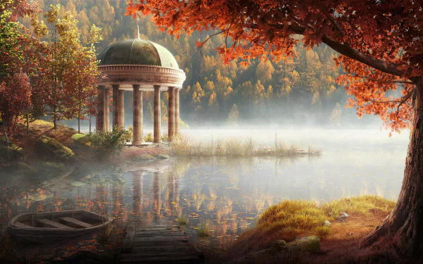 Artistic HD desktop wallpaper of a serene lake in fall with vibrant foliage, a charming gazebo, and a misty atmosphere enhancing this peaceful nature scene.