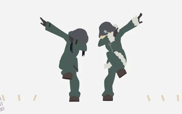 4K Ultra HD PC wallpaper: Chito and Yuuri from Girls' Last Tour in anime style, green-coated silhouettes striking playful dab poses on a pale minimalist background.