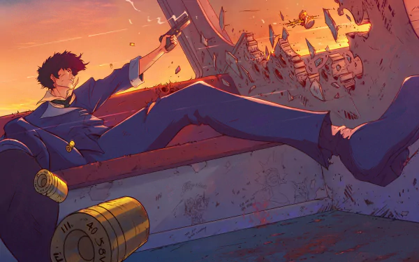 HD anime desktop wallpaper featuring Spike Spiegel from Cowboy Bebop, reclining with a futuristic cityscape and sunset hues in the background.