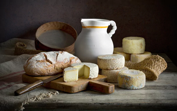 jug still life bread food cheese HD Desktop Wallpaper | Background Image