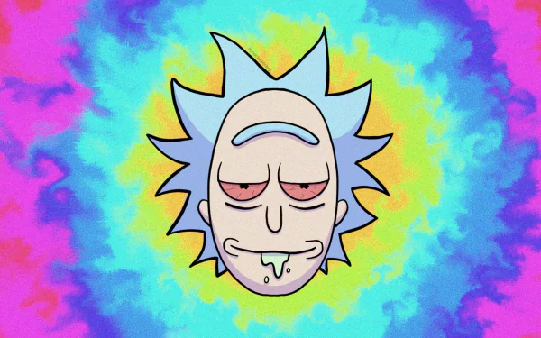 HD PC desktop wallpaper featuring Rick Sanchez from the TV show Rick and Morty against a vibrant, colorful tie-dye background.