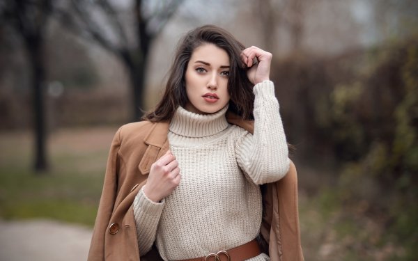 Women Model Coat Depth Of Field Brown Eyes Brunette HD Wallpaper | Background Image