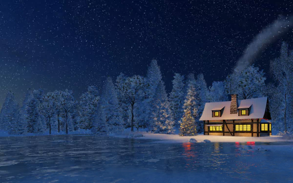 8K Ultra HD winter scene of a snow-covered house by a frozen lake, surrounded by frosted trees under a starry night sky, creating an artistic and serene atmosphere.