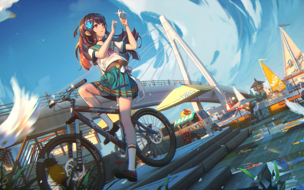 Anime Original Long Hair School Uniform Bicicleta Fondo de pantalla HD | Fondo de Escritorio