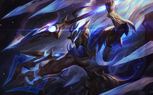 HD PC desktop wallpaper featuring Pantheon from League of Legends in dynamic cosmic armor, with vibrant blue and purple energy effects, showcasing the video game character.