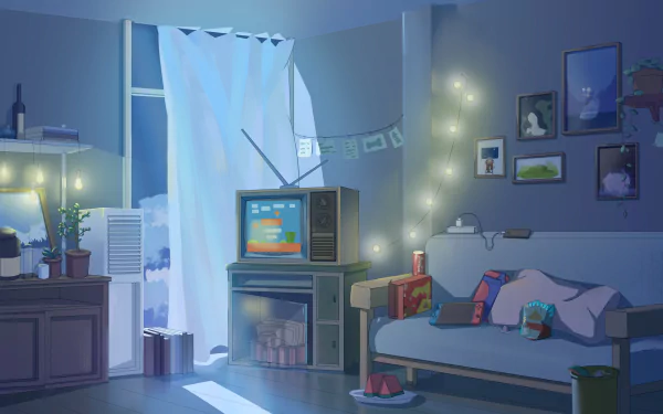 HD anime room desktop wallpaper showing a cozy, softly lit anime-style room with a vintage TV, couch, string lights, and framed pictures on the wall.