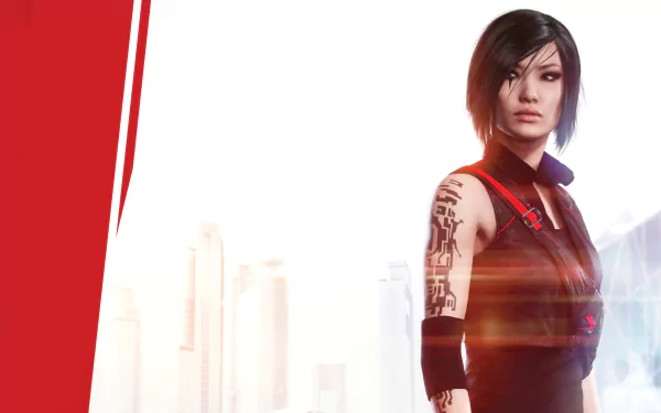 Faith Connors (Mirror's Edge Catalyst) in red-and-black parkour gear against a bright futuristic city skyline — 4K Ultra HD PC desktop wallpaper/background.
