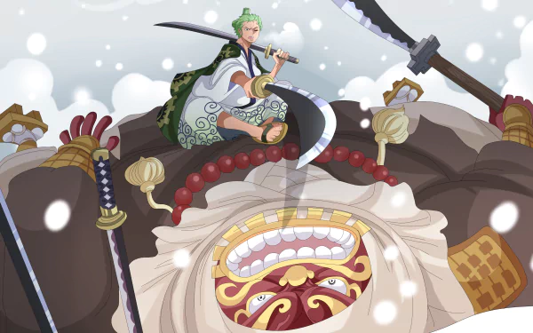 2K Quad HD PC wallpaper/background: Roronoa Zoro and Gyukimaru (One Piece) — Zoro perched with swords over a roaring Gyukimaru in an anime One Piece snowy battle scene.