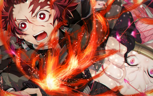 HD PC desktop wallpaper featuring Tanjiro Kamado and Nezuko Kamado performing Hinokami Kagura from the anime Demon Slayer: Kimetsu no Yaiba.