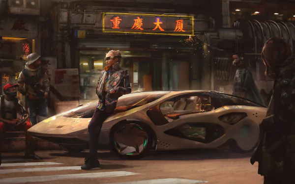 HD wallpaper featuring a futuristic car from the video game Cyberpunk 2077, set against a neon-lit street scene with characters in cybernetic attire.