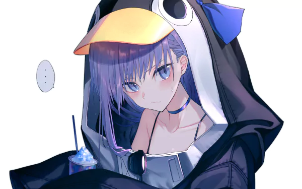 HD PC desktop wallpaper featuring Meltlilith from Fate/Grand Order in anime style, wearing a penguin-themed hoodie with a serious expression.