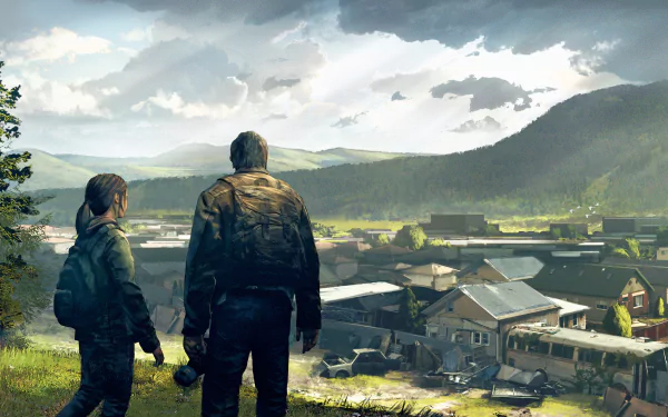 Ellie and Joel from The Last of Us stand overlooking a rustic town in this detailed 4K Ultra HD PC desktop wallpaper from the video game The Last Of Us.