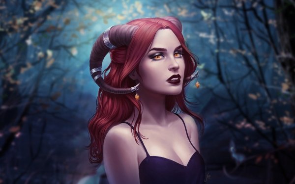 Fantasy Succubus Demon Lipstick Red Hair Orange Eyes Horns HD Wallpaper | Background Image