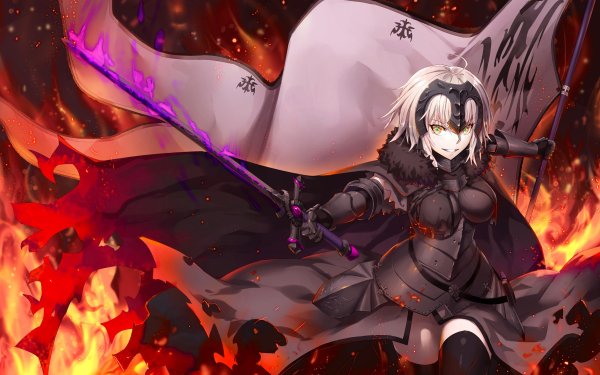 Anime Fate/Grand Order Fate Series Avenger Jeanne d'Arc Alter Short Hair Yellow Eyes Banner Sword Fire HD Wallpaper | Background Image