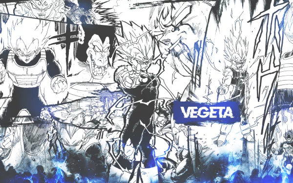 HD PC desktop wallpaper featuring Vegeta from Dragon Ball Z in dynamic black-and-white anime style with blue electric accents.