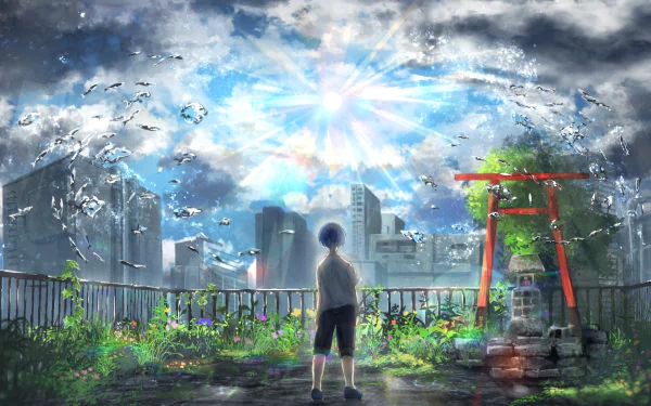 HD anime wallpaper featuring Hodaka Morishima from Weathering with You standing in a lush, sunlit garden with flying fish above and a traditional torii gate.