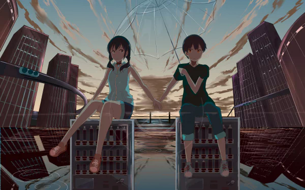 4K Ultra HD anime wallpaper featuring Hodaka Morishima and Hina Amano from Weathering with You, seated on a rooftop with an umbrella against a dramatic sky backdrop.