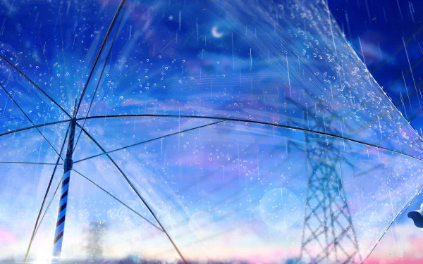 HD desktop wallpaper of an anime scene from Weathering with You, featuring a transparent umbrella against a rainy, twilight sky with transmission towers in the background.